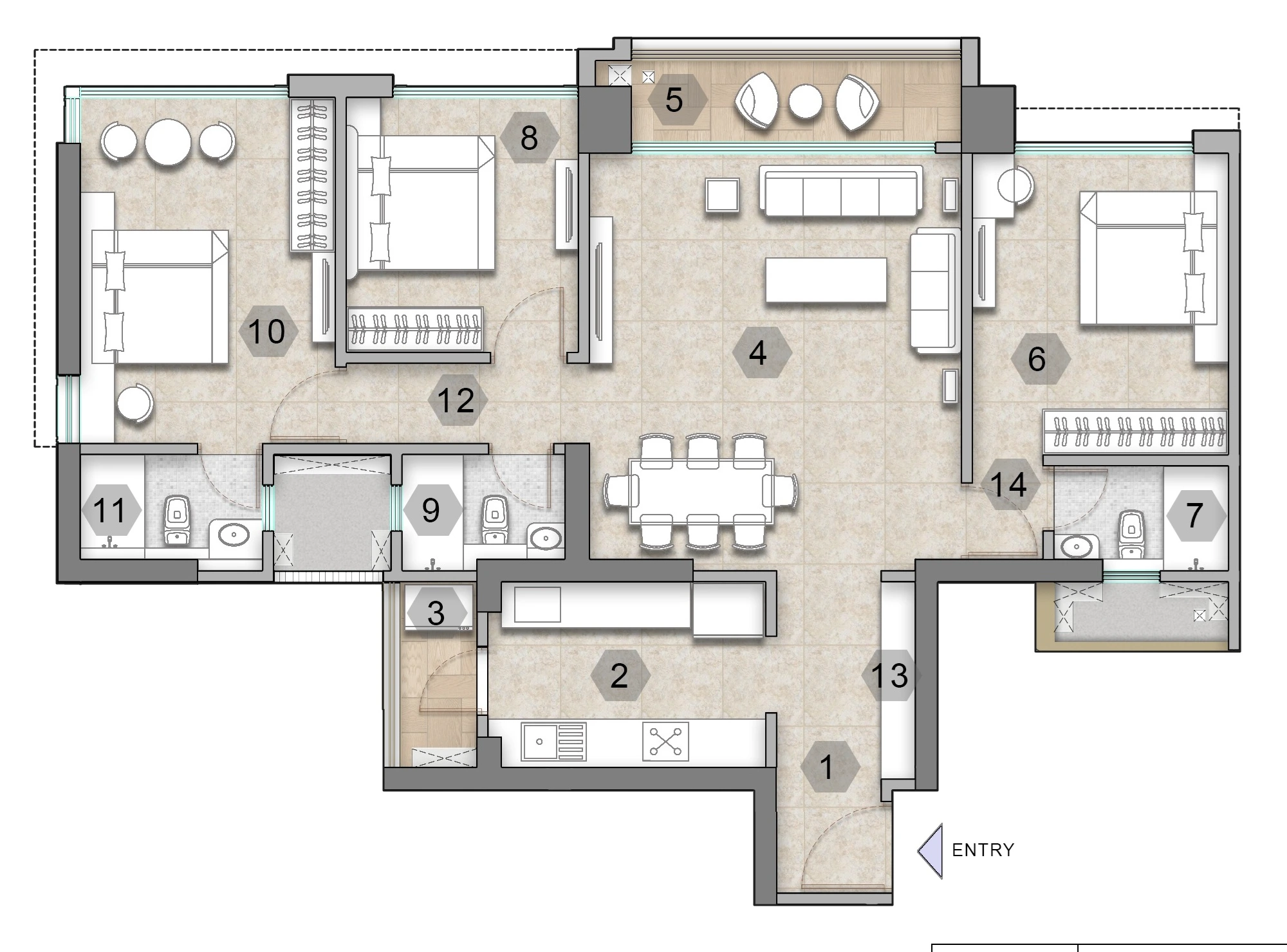 Vaastu-compliant layout in 3, 4BHK apartment at The Address by GS, Raymond Realty Thane.